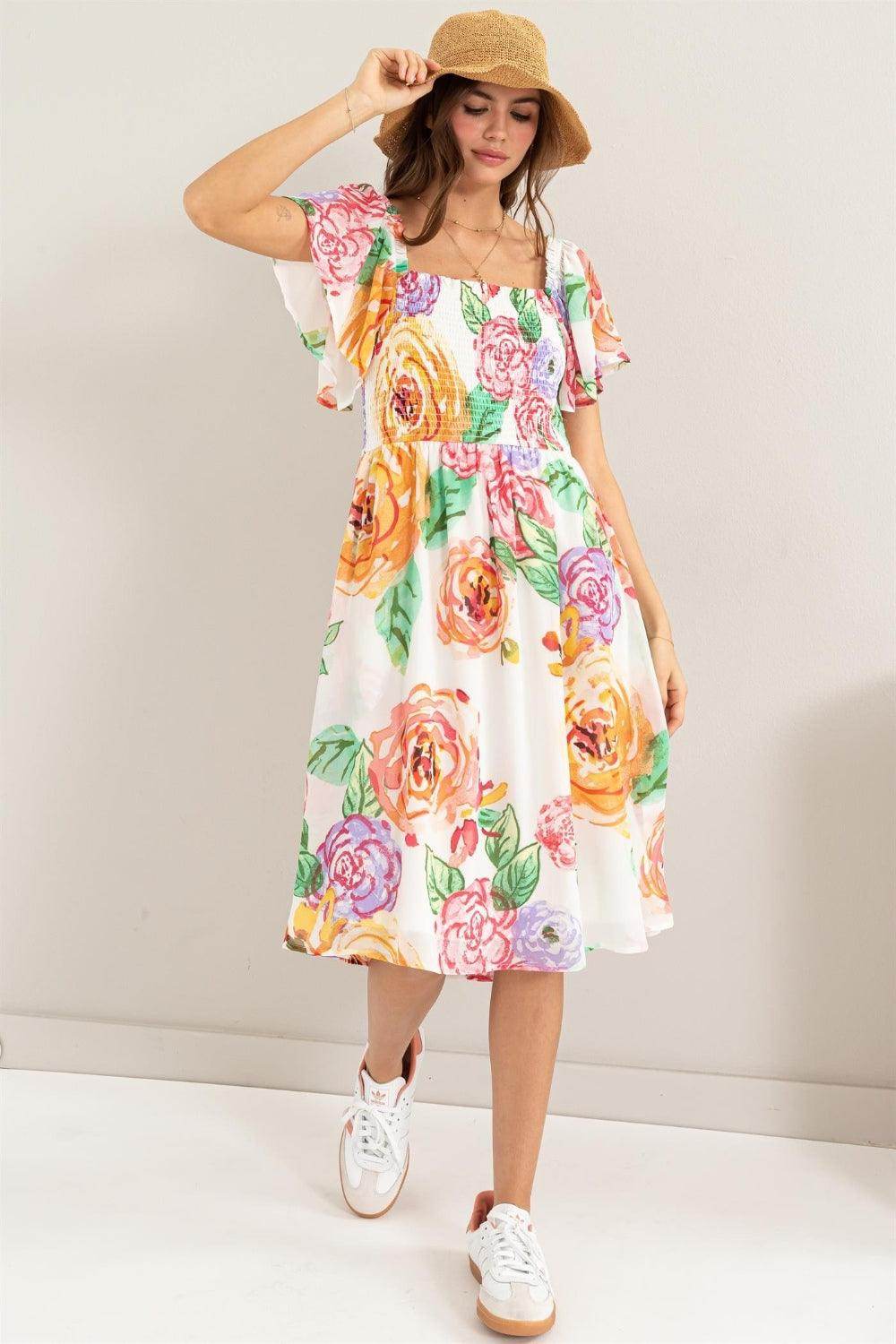 HYFVE Floral Flutter Sleeve Smocked Dress for Women - Selvanelle