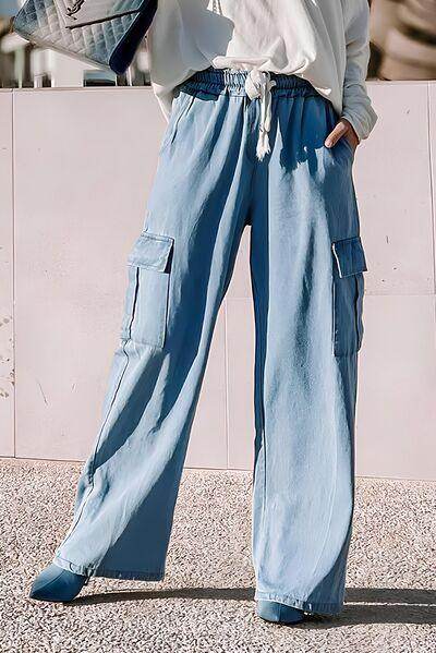 Drawstring Cargo Pocket Wide Leg Jeans for All-Day Comfort - Selvanelle