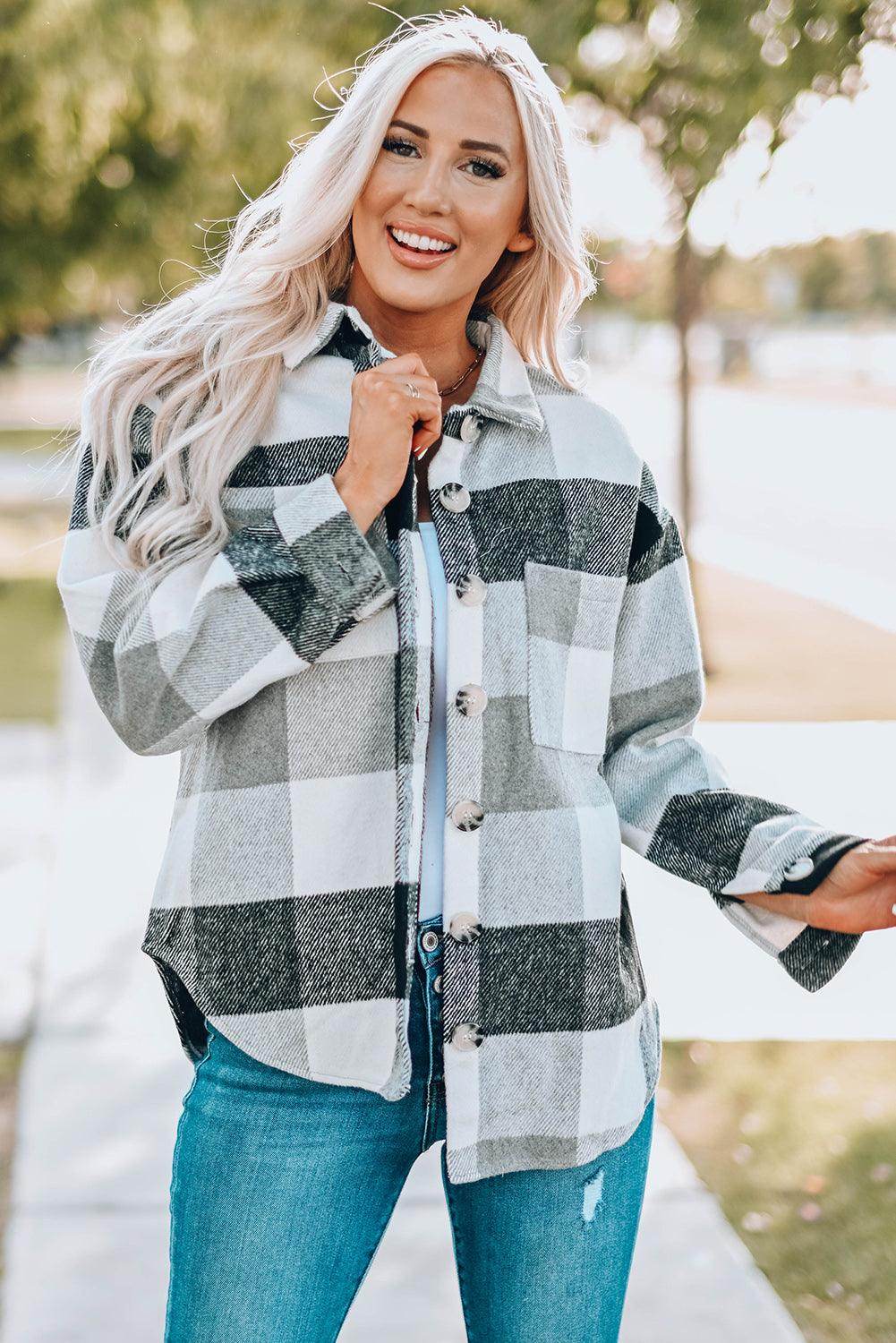 Plaid Button Up Dropped Shoulder Jacket for Women Stylish - Selvanelle