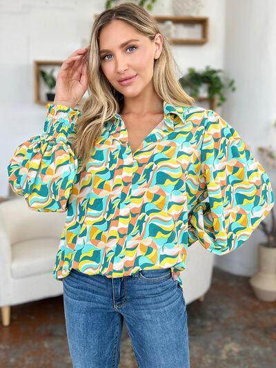 Double Take Full Size Printed Smocked Long Sleeve Blouse - Selvanelle