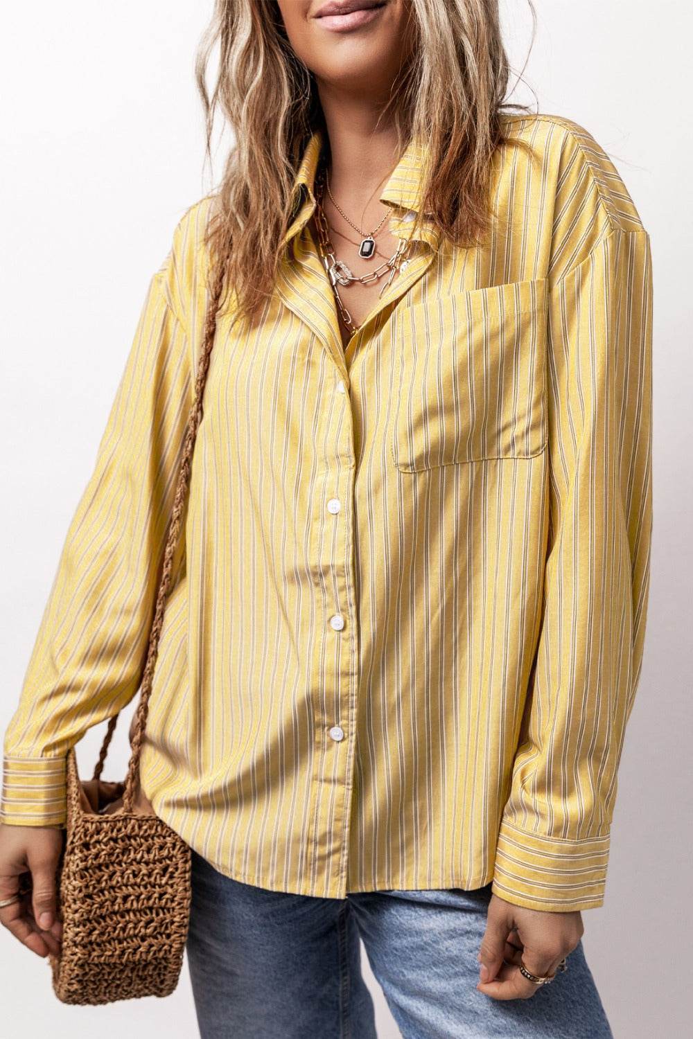 Striped Button Up Long Sleeve Shirt - Selvanelle