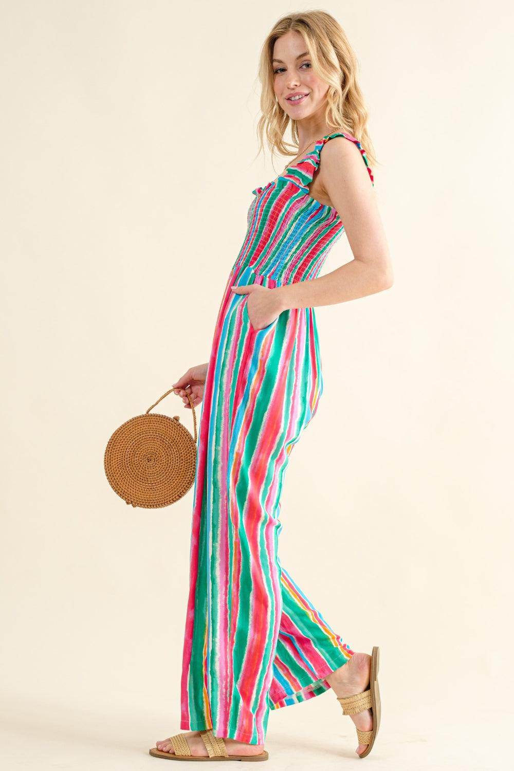 And The Why Full Size Striped Smocked Sleeveless Jumpsuit - Selvanelle