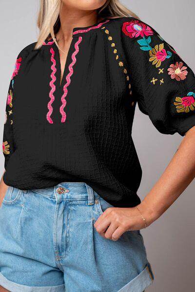 Floral Embroidered Notched Puff Sleeve Blouse for Women - Selvanelle