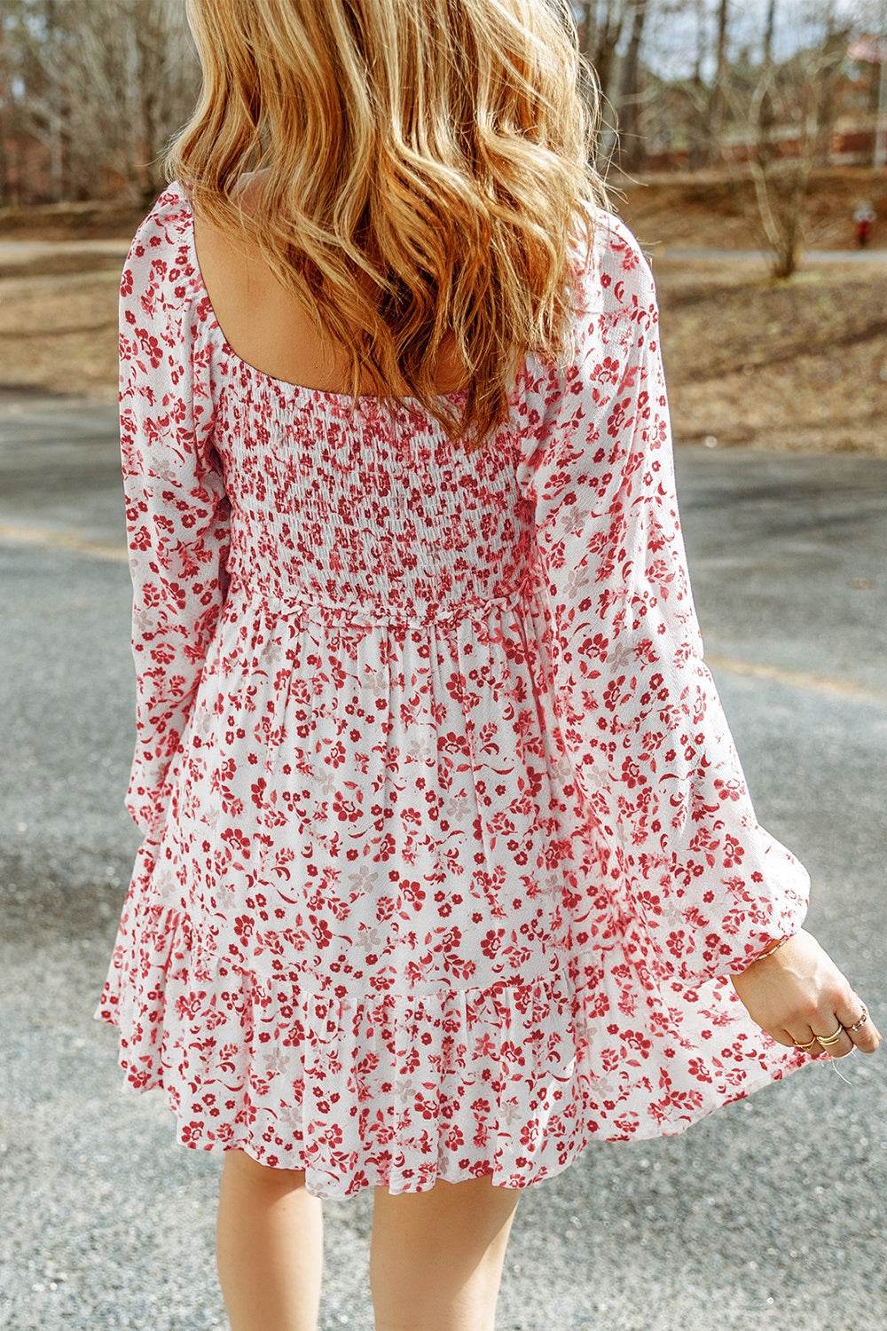 Smocked Floral Square Neck Balloon Sleeve Dress - Selvanelle