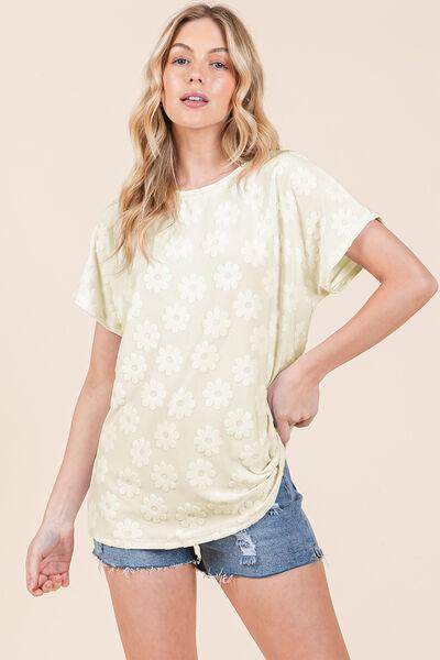 BOMBOM Textured Floral Pattern Short Sleeve T-Shirt for Women - Selvanelle