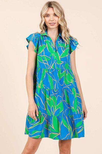 Mittoshop Leaf Print Ruffle Sleeve Tiered Mini Dress for Women - Selvanelle
