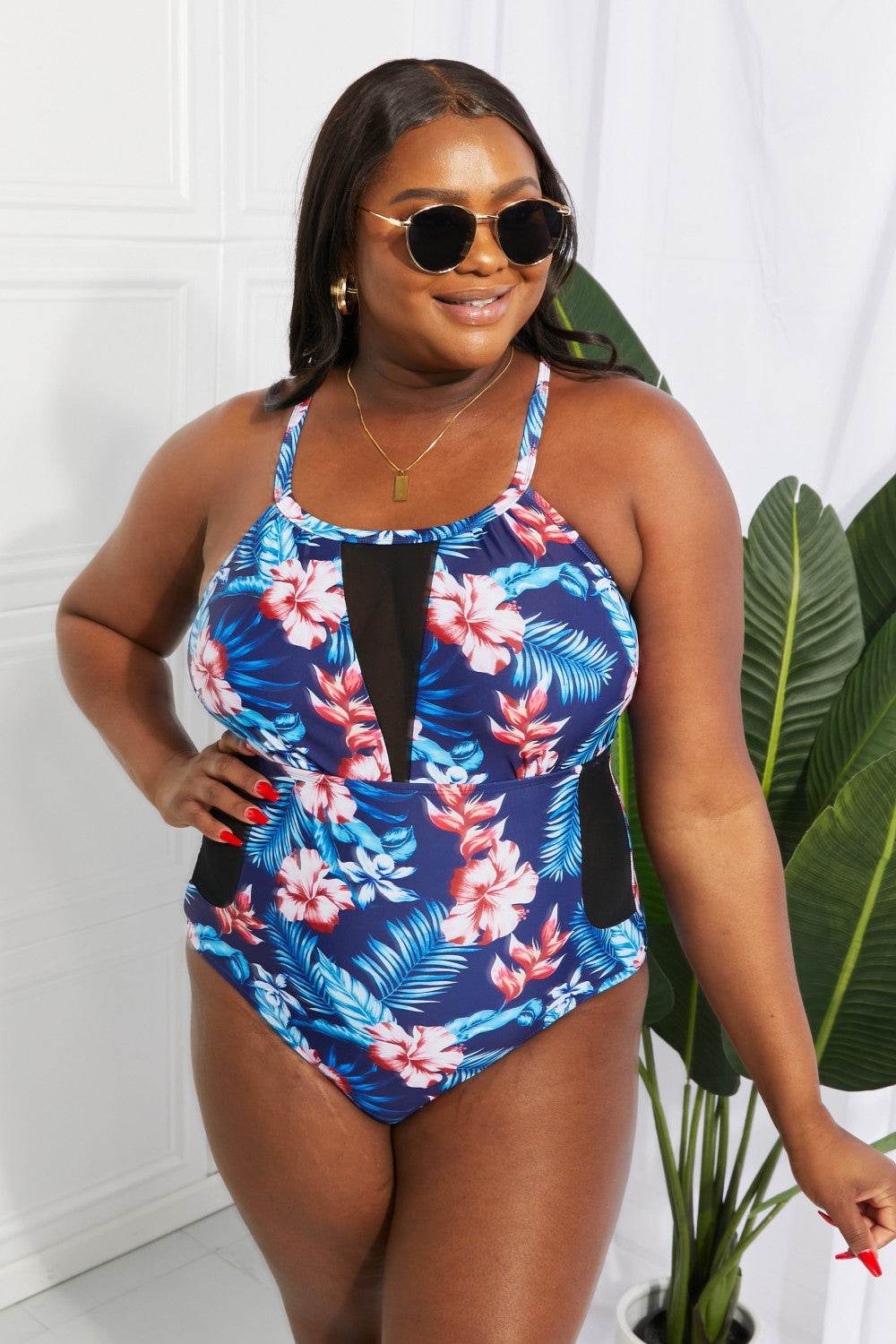 Floral Crisscross Spliced Mesh One-Piece Swimsuit - Selvanelle