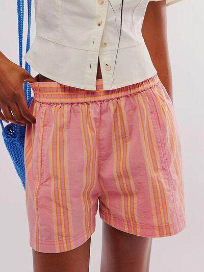 Striped Elastic Waist Shorts with Pockets for Comfort - Selvanelle