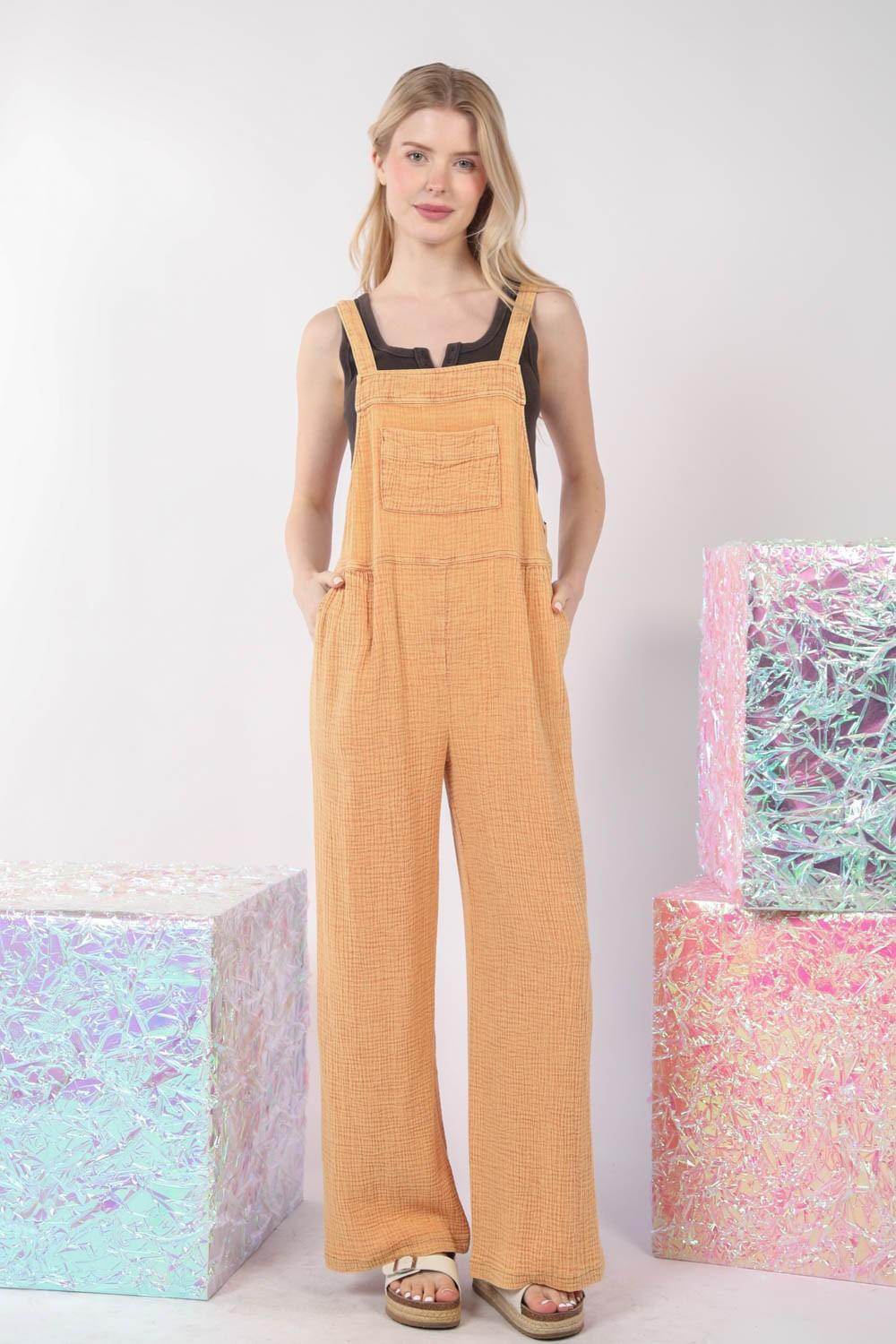 Very J Texture Washed Wide Leg Overalls for Effortless Style - Selvanelle