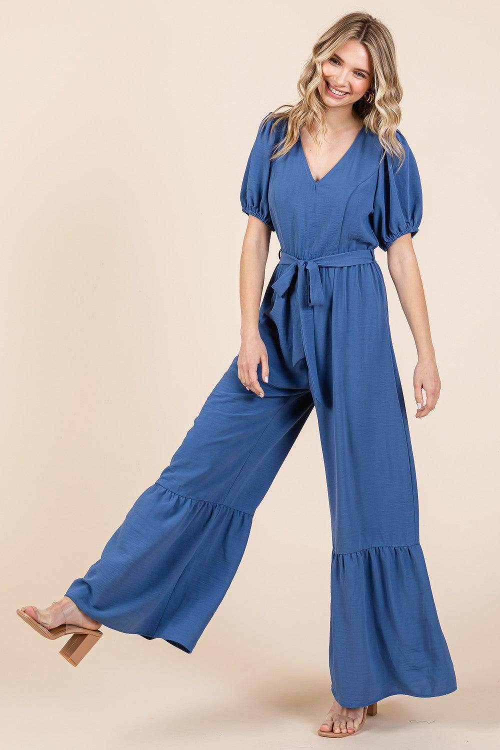 GeeGee Full Size V-Neck Belted Wide Leg Jumpsuit for Women - Selvanelle