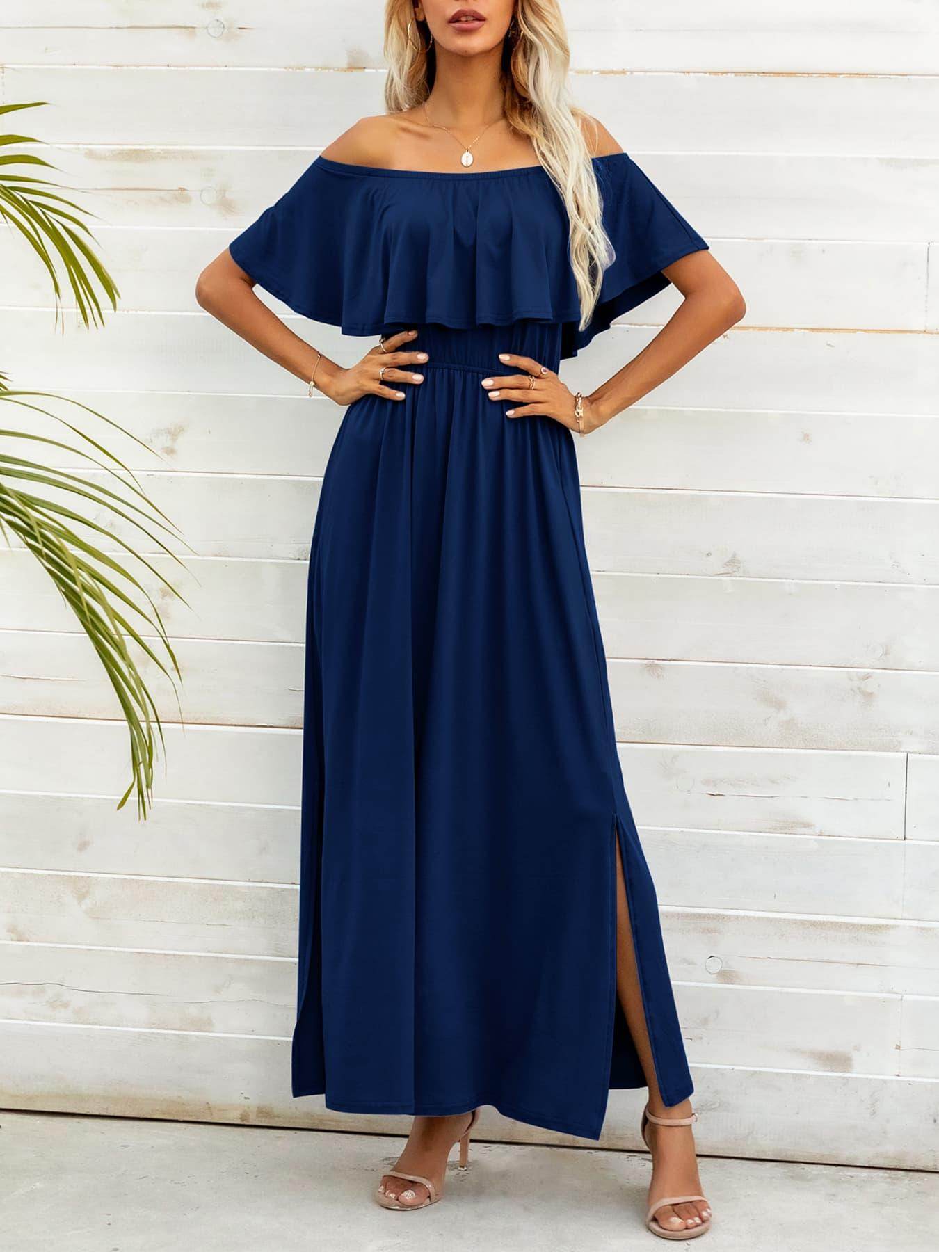 Off-Shoulder Slit Maxi Dress for Elegant Summer Style - Selvanelle