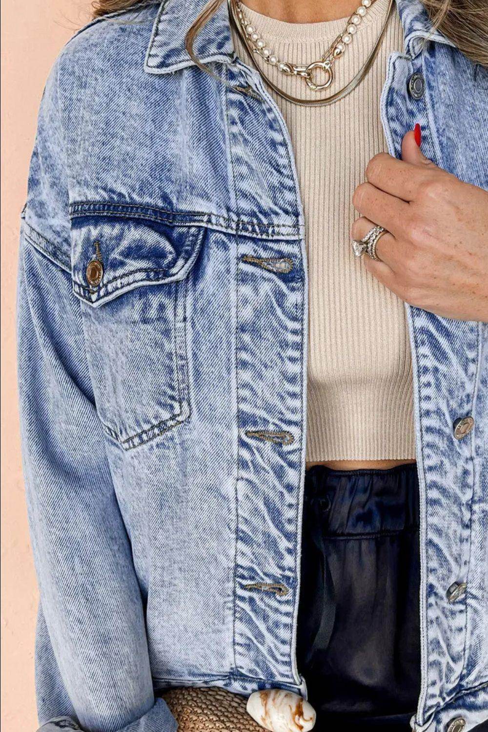 Pocketed Button Up Dropped Shoulder Denim Jacket for Women - Selvanelle
