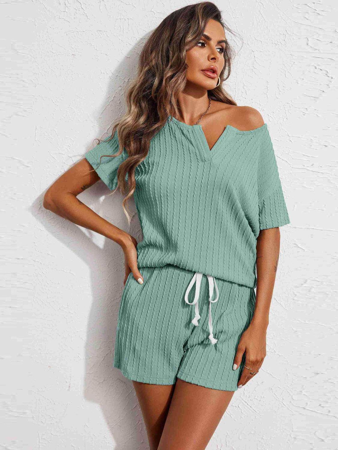 Notched Short Sleeve Top and Shorts Set for Women - Selvanelle