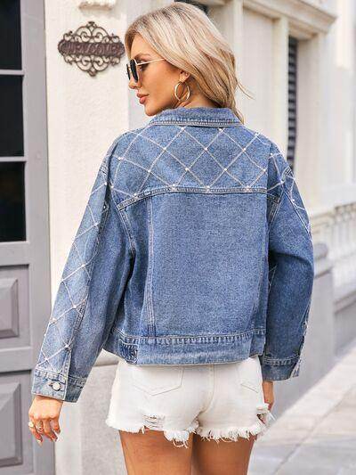 Pearl Trim Long Sleeve Denim Jacket For Women Stylish Fit - Selvanelle