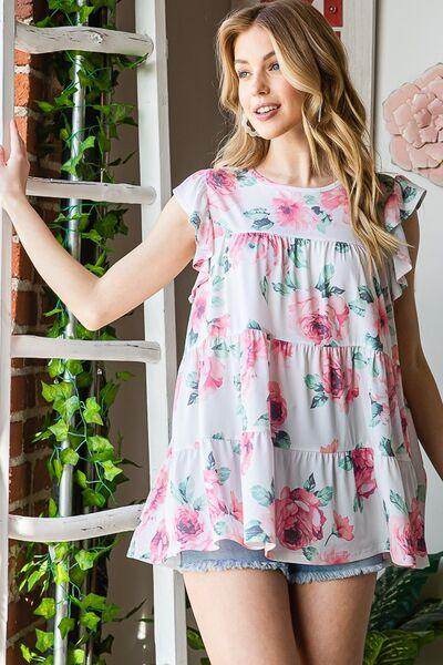 Heimish Full Size Butterfly Short Sleeve Floral Tiered Top - Selvanelle