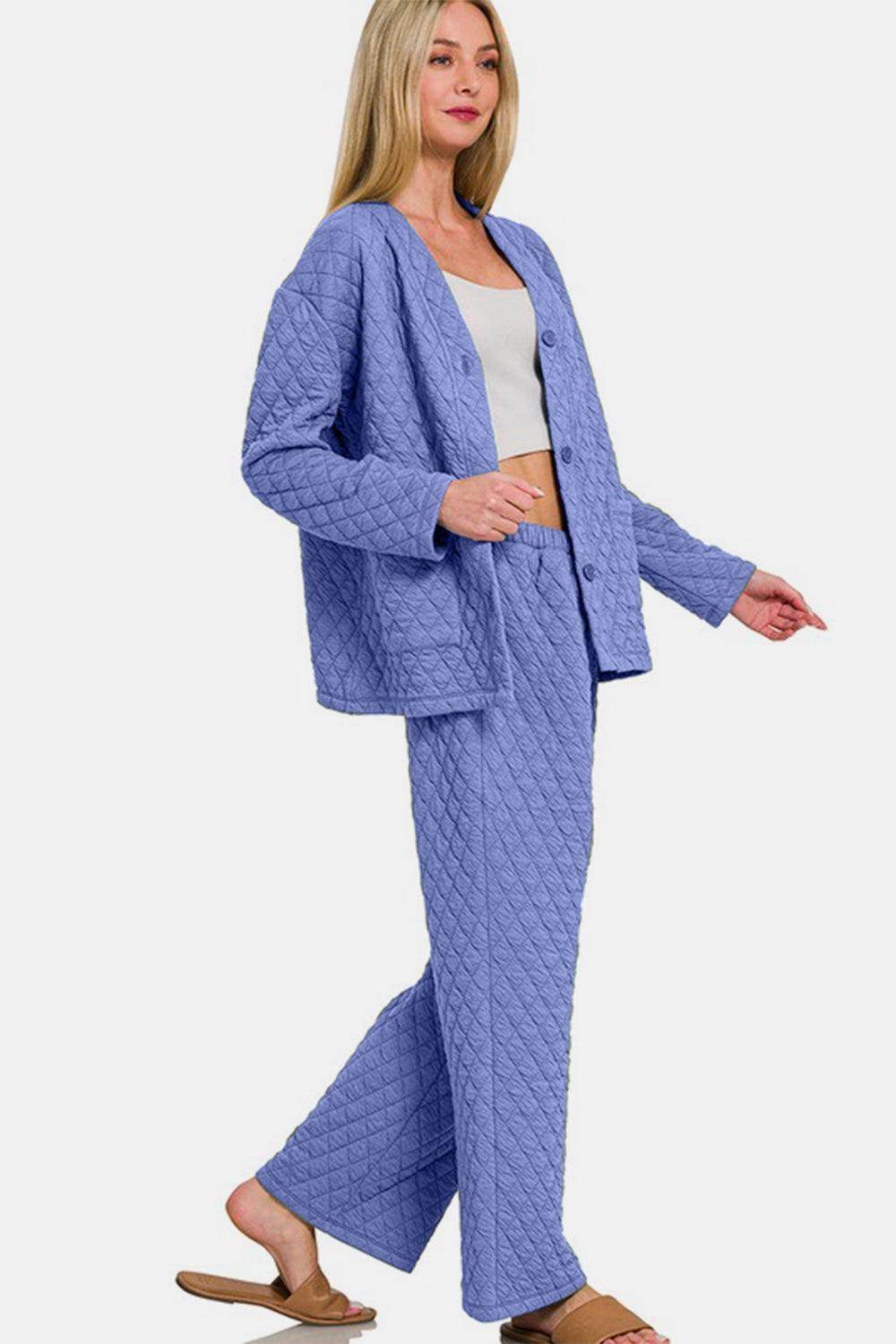 Zenana Quilted Button Up Long Sleeve Top And Pants Lounge Set - Selvanelle