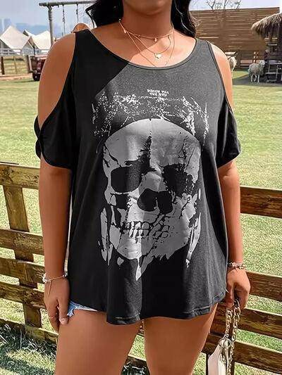 Plus Size Skeleton Graphic Round Neck Cold Shoulder T-Shirt - Selvanelle