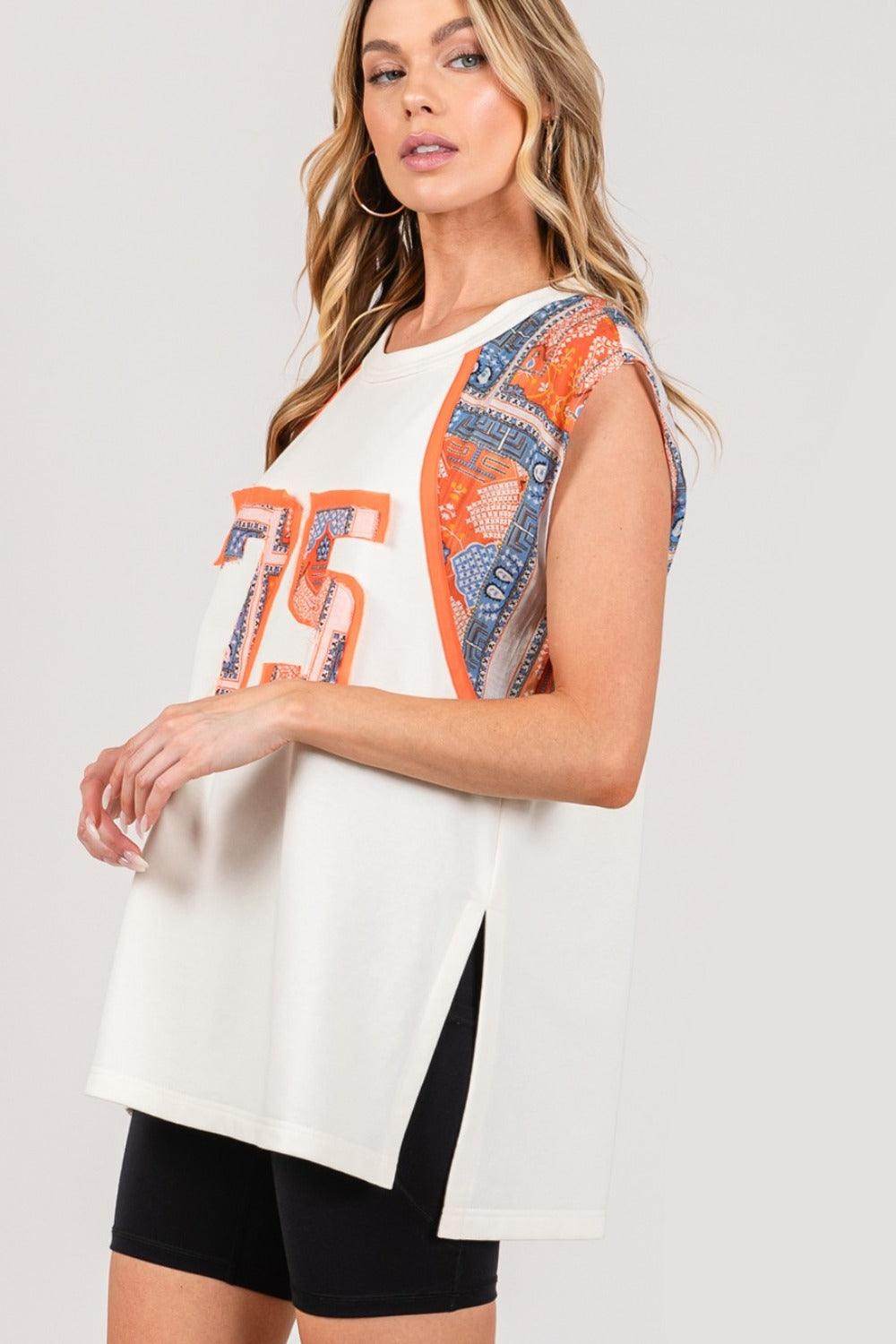 SAGE + FIG Patch Print Side Slit Sleeveless Top for Women - Selvanelle