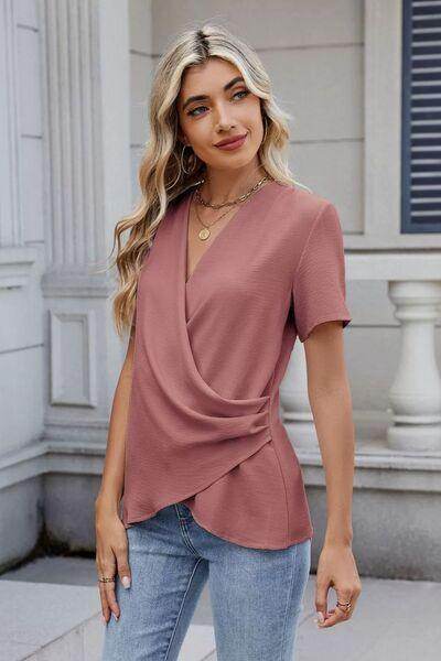 Solid Color Surplice Short Sleeve Blouse for Women - Selvanelle