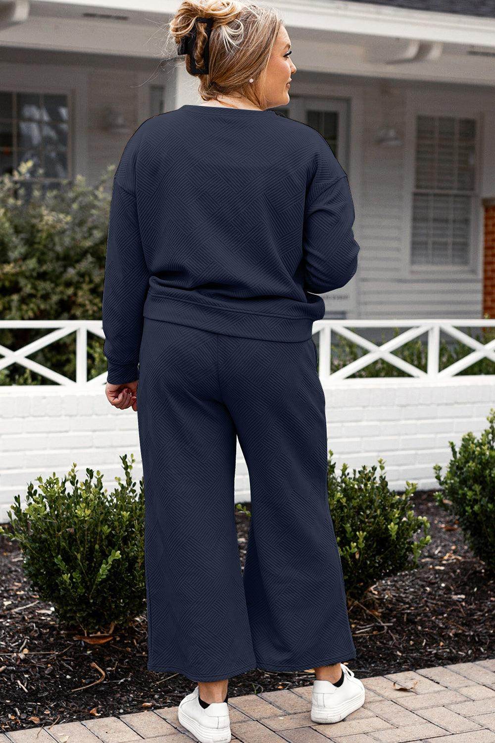 Double Take Full Size Textured Long Sleeve Top and Drawstring Pants Set for Women - Selvanelle