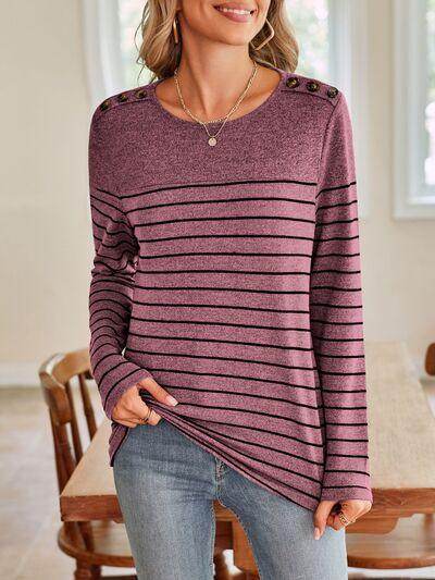 Lovelet Striped Round Neck Long Sleeve T-Shirt for Women - Selvanelle