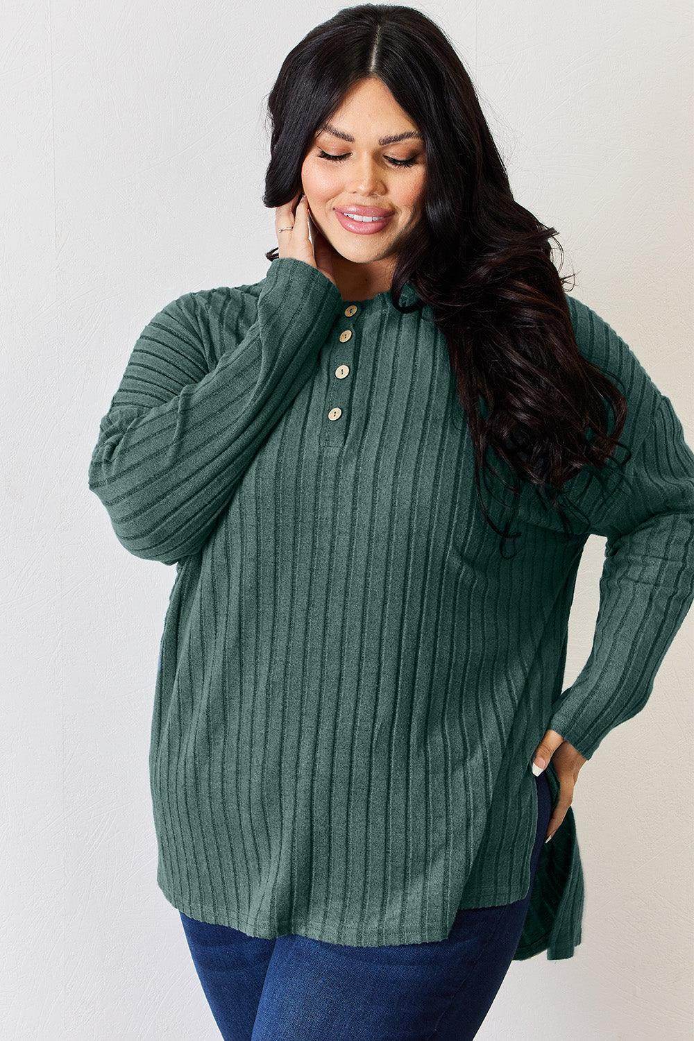 Basic Bae Full Size Ribbed Half Button Long Sleeve T-Shirt - Selvanelle