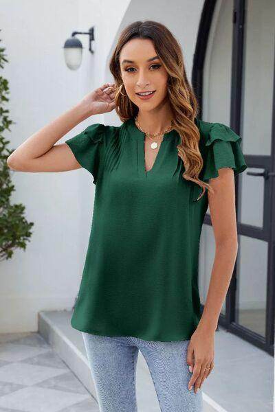 Ruffled Notched Short Sleeve Blouse for Women Stylish Wear - Selvanelle