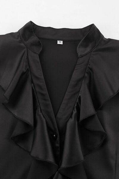 Ruffled Notched Long Sleeve Shirt for Women Stylish Fashion - Selvanelle