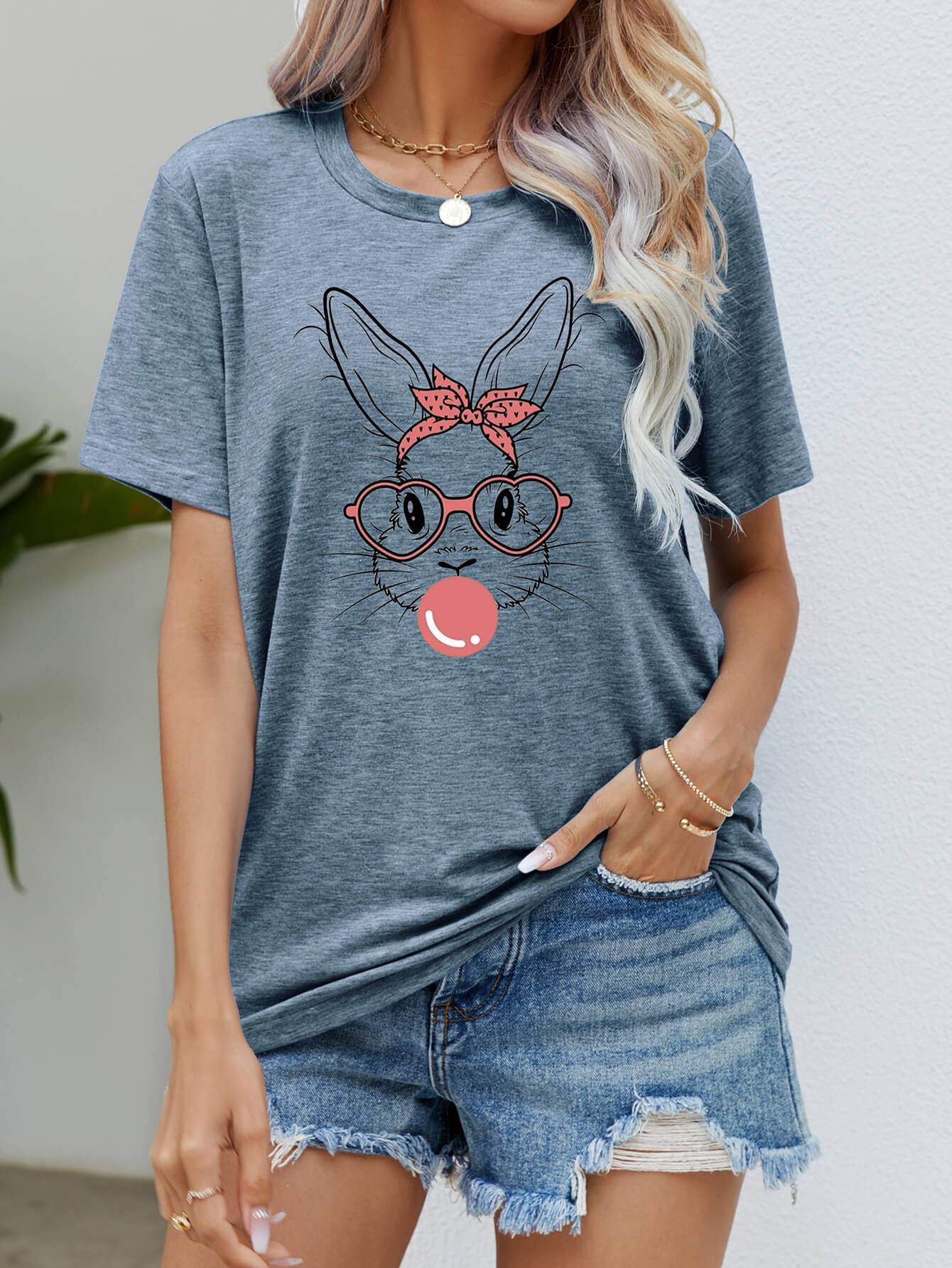 Easter Bunny Graphic Round Neck T-Shirt - Selvanelle