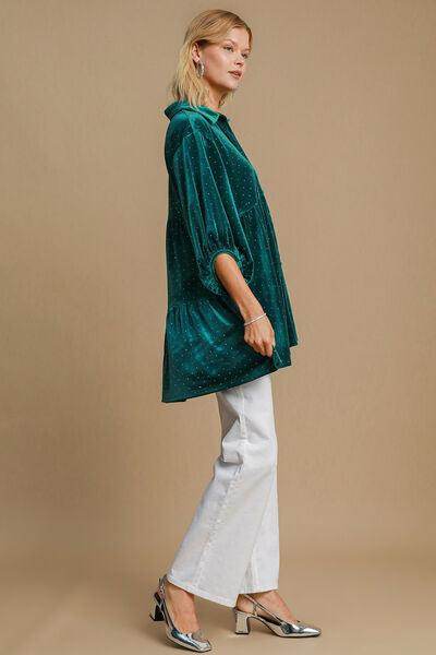 Umgee Full Size Polka Dot Collared Neck Button Up Shirt - Selvanelle