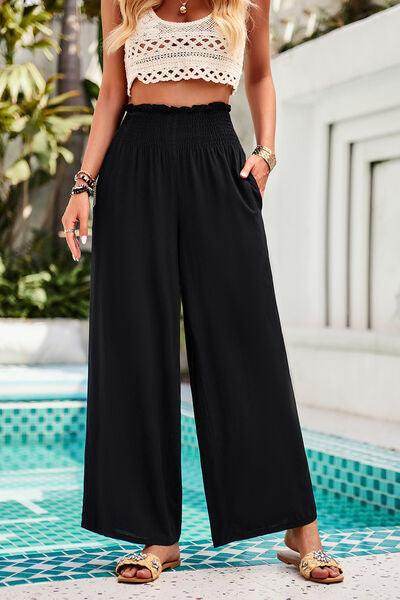 Devine Smocked Wide Leg Pants with Pockets for Women - Selvanelle