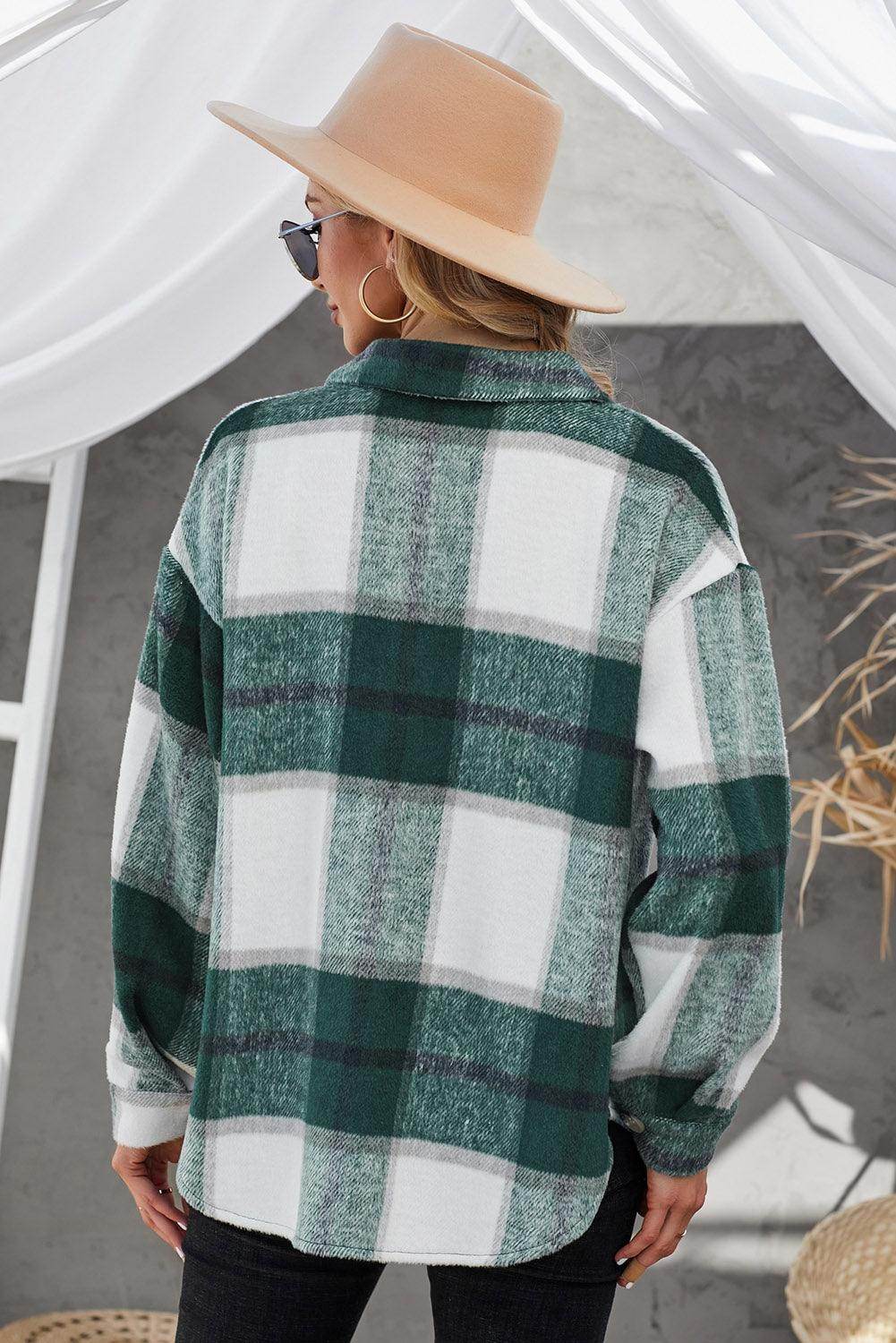 Plaid Button Up Dropped Shoulder Jacket for Women Stylish - Selvanelle