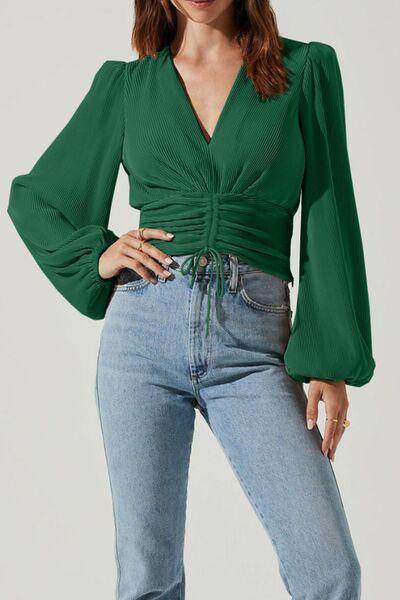 Drawstring V-Neck Long Sleeve Blouse for Women Stylish - Selvanelle