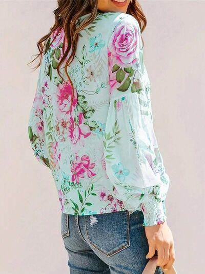 Smocked Printed Round Neck Lantern Sleeve Blouse for Women - Selvanelle