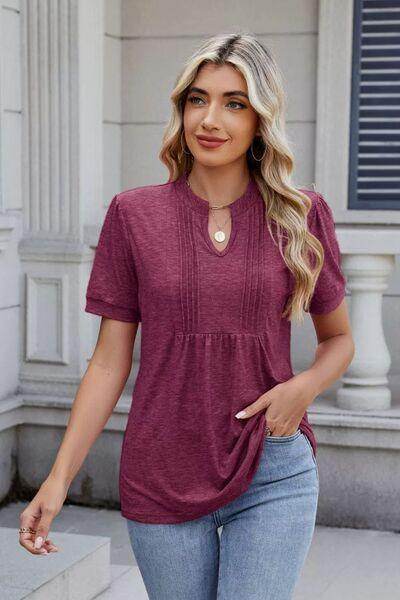 Notched Short Sleeve Solid Color Top for Everyday Style - Selvanelle