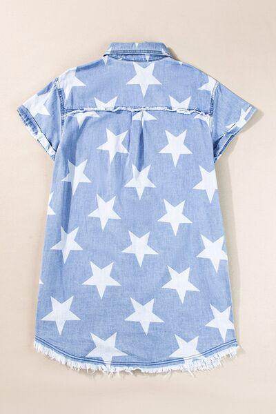 Raw Hem Star Short Sleeve Denim Dress for Casual Style - Selvanelle