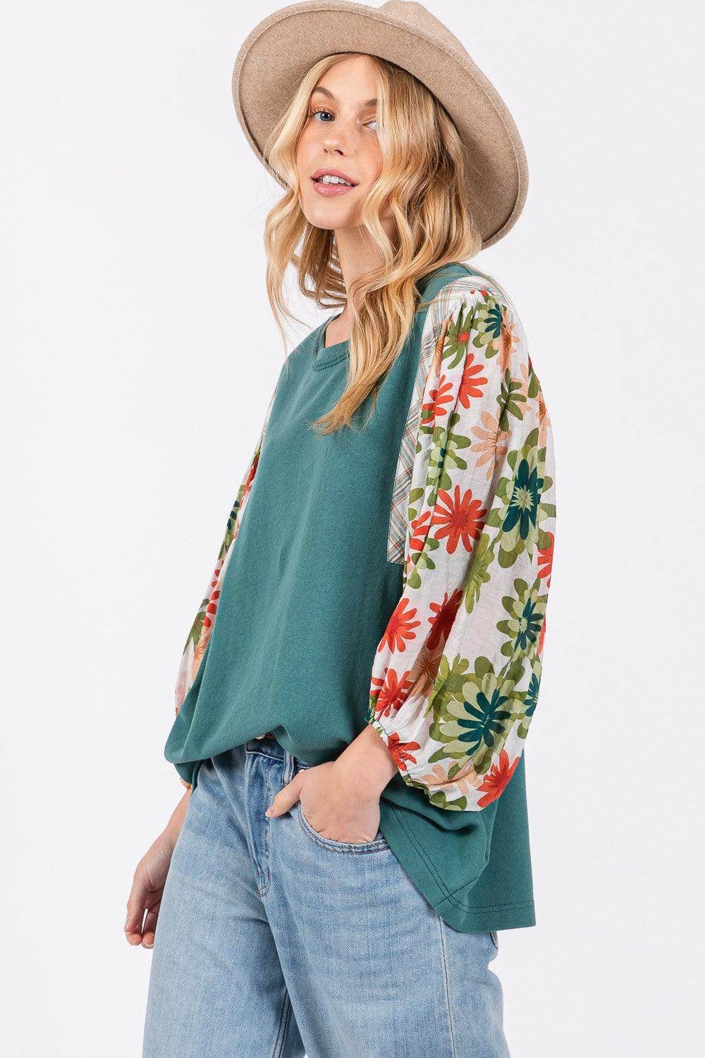 SAGE + FIG Full Size Printed Balloon Sleeve Contrast Top - Selvanelle