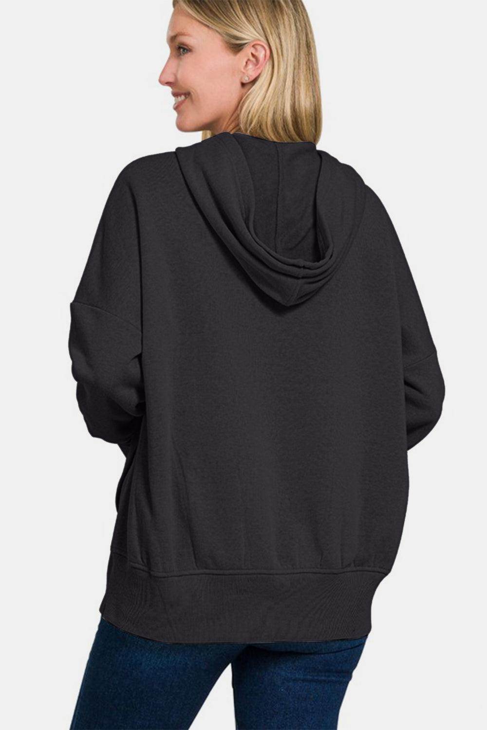 Zenana Half Snap Long Sleeve Hoodie with Kangaroo Pocket - Selvanelle