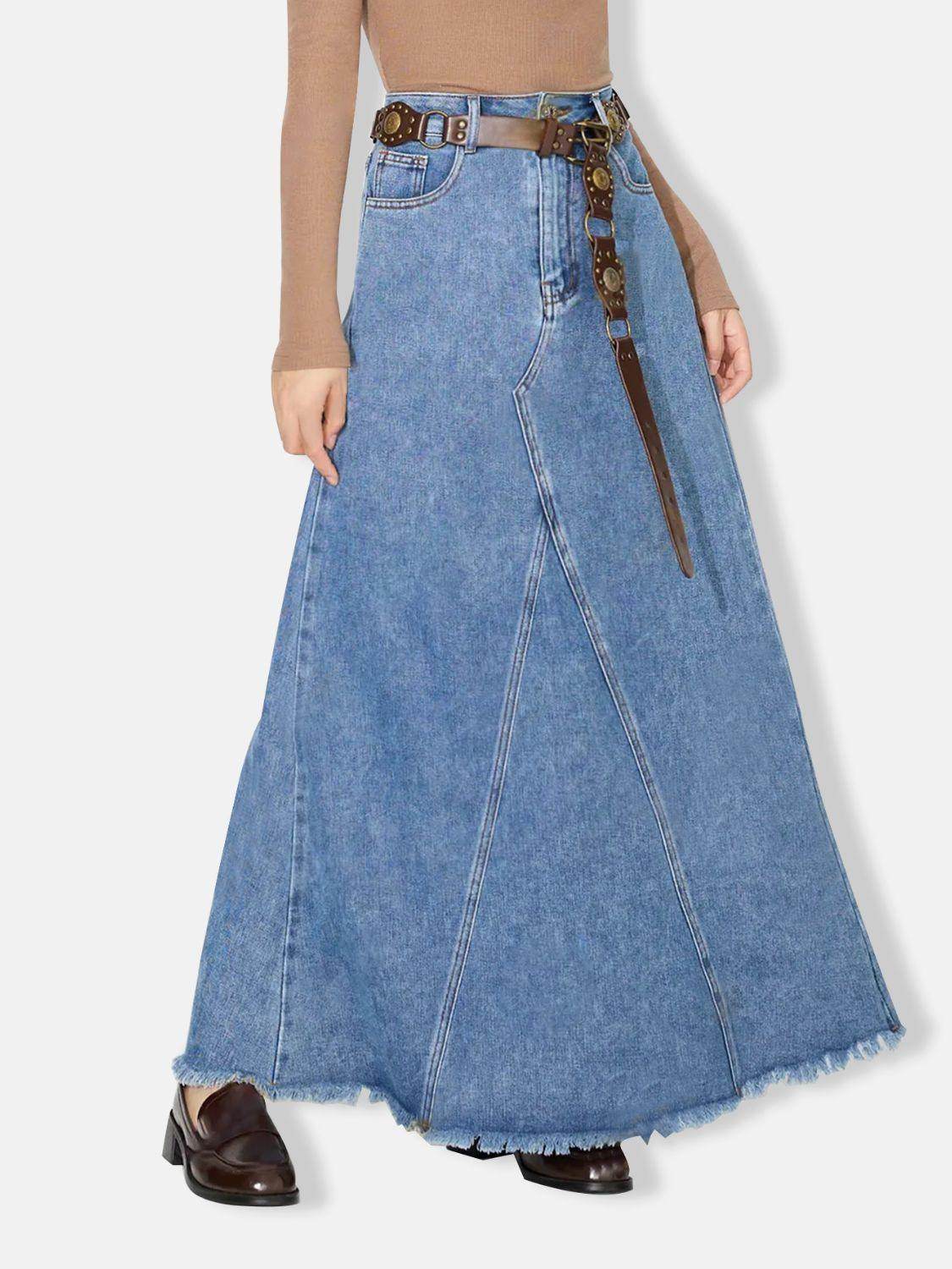 Stylish Raw Hem Maxi Denim Skirt for Effortless Chic - Selvanelle