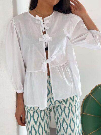 Tied Round Neck Balloon Sleeve Shirt for Stylish Look - Selvanelle
