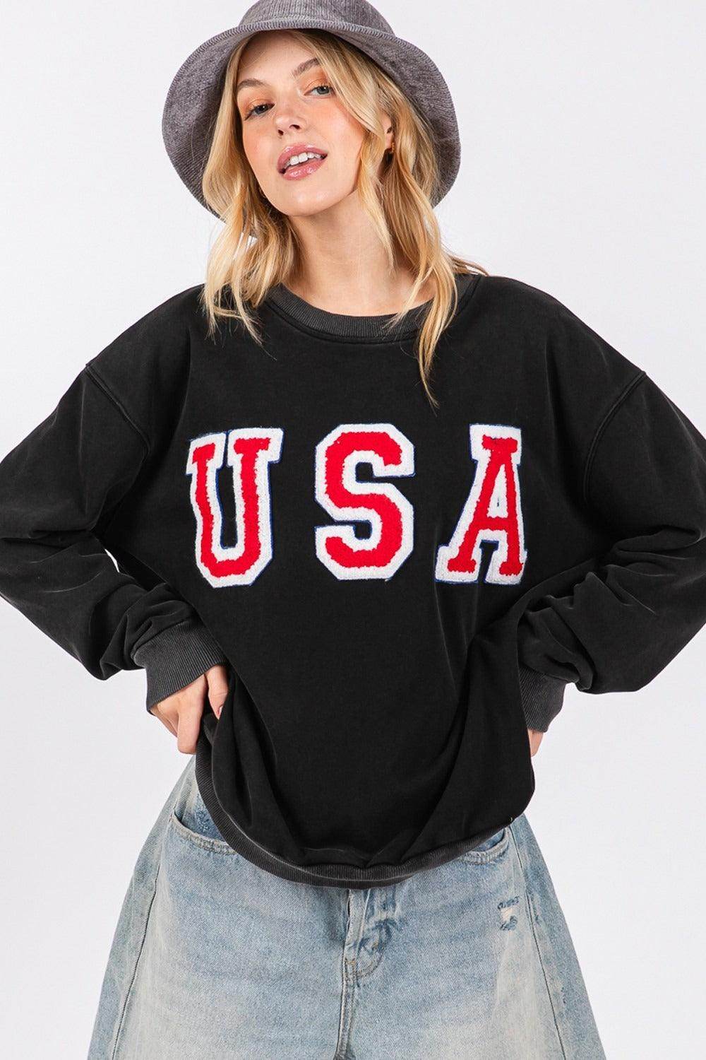 SAGE + FIG USA Letter Patch Round Neck Sweatshirt for Style - Selvanelle