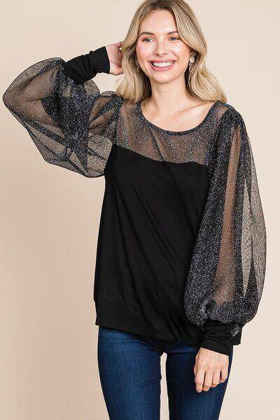 Super Lady Full Size Metallic Mesh Lantern Sleeve Blouse - Selvanelle
