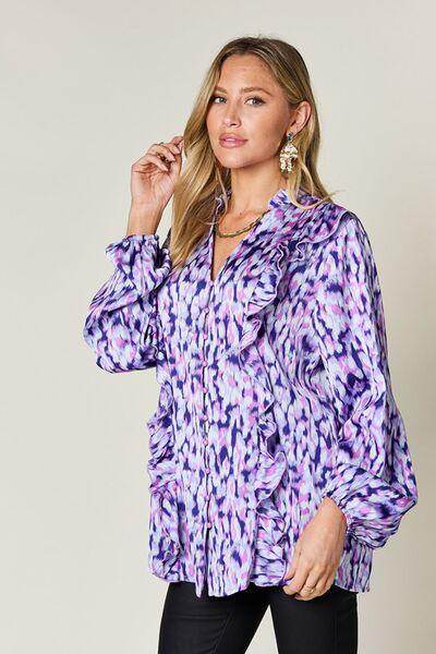 Double Take Full Size Printed Ruffle Trim Balloon Sleeve Shirt - Selvanelle
