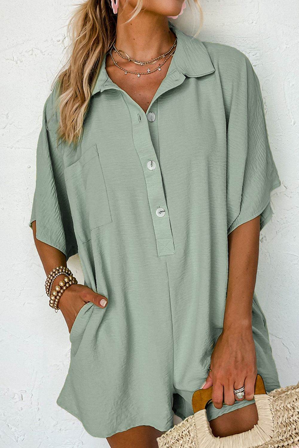 Half Button Collared Neck Romper - Selvanelle