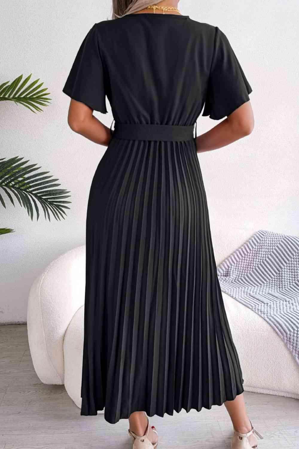 Pleated Flutter Sleeve Belted Dress for Casual Wear - Selvanelle