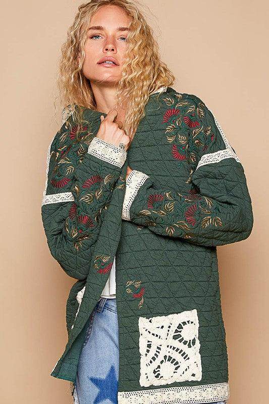 POL Embroidered Open Front Quilted Jacket with Crochet Pockets - Selvanelle