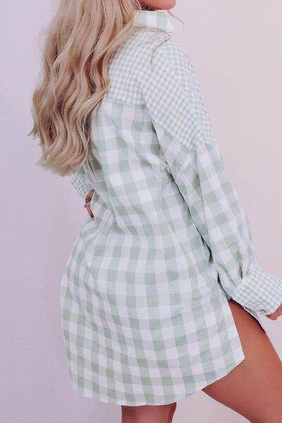 Pocketed Plaid Collared Neck Long Sleeve Shirt for Women - Selvanelle