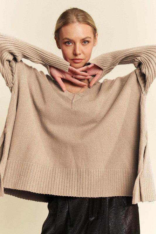 Davi & Dani Ribbed Side Slit V-Neck Sweater for Women - Selvanelle