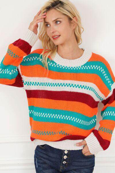 Contrast Striped Round Neck Long Sleeve Sweater for Women - Selvanelle