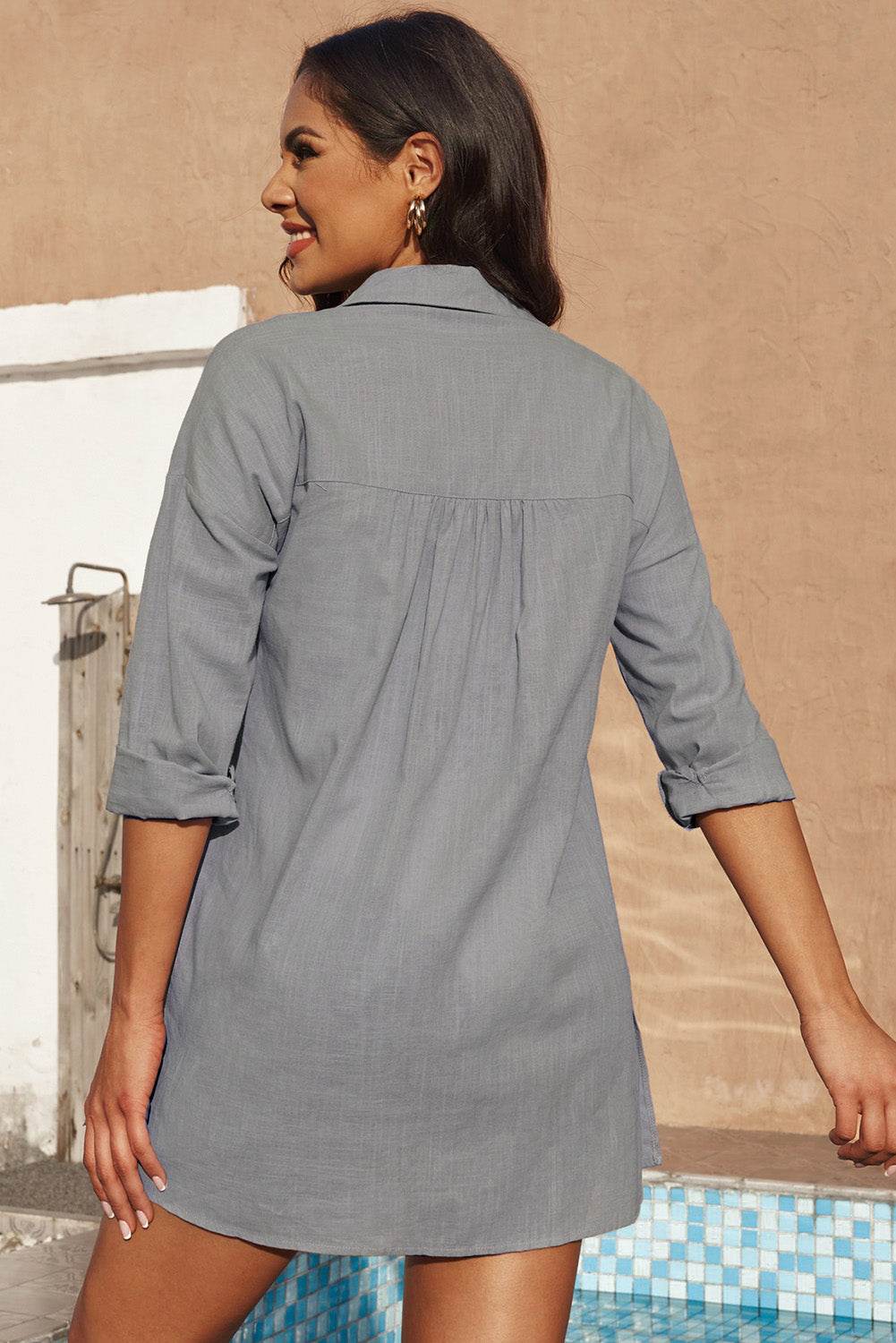 Button-Up Longline Shirt with Breast Pockets - Selvanelle